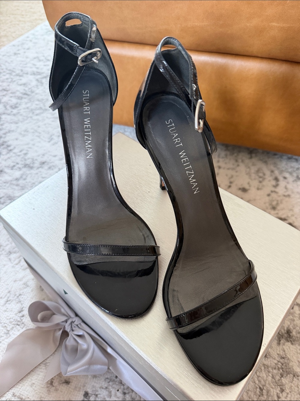 Stuart Weitzman Black Patent Strappy Ankle-Heels